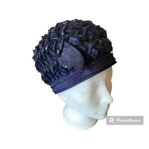 Vintage 50s 60s Lady Beatrice Woven Raffia and Grosgrain Turban Style Hat